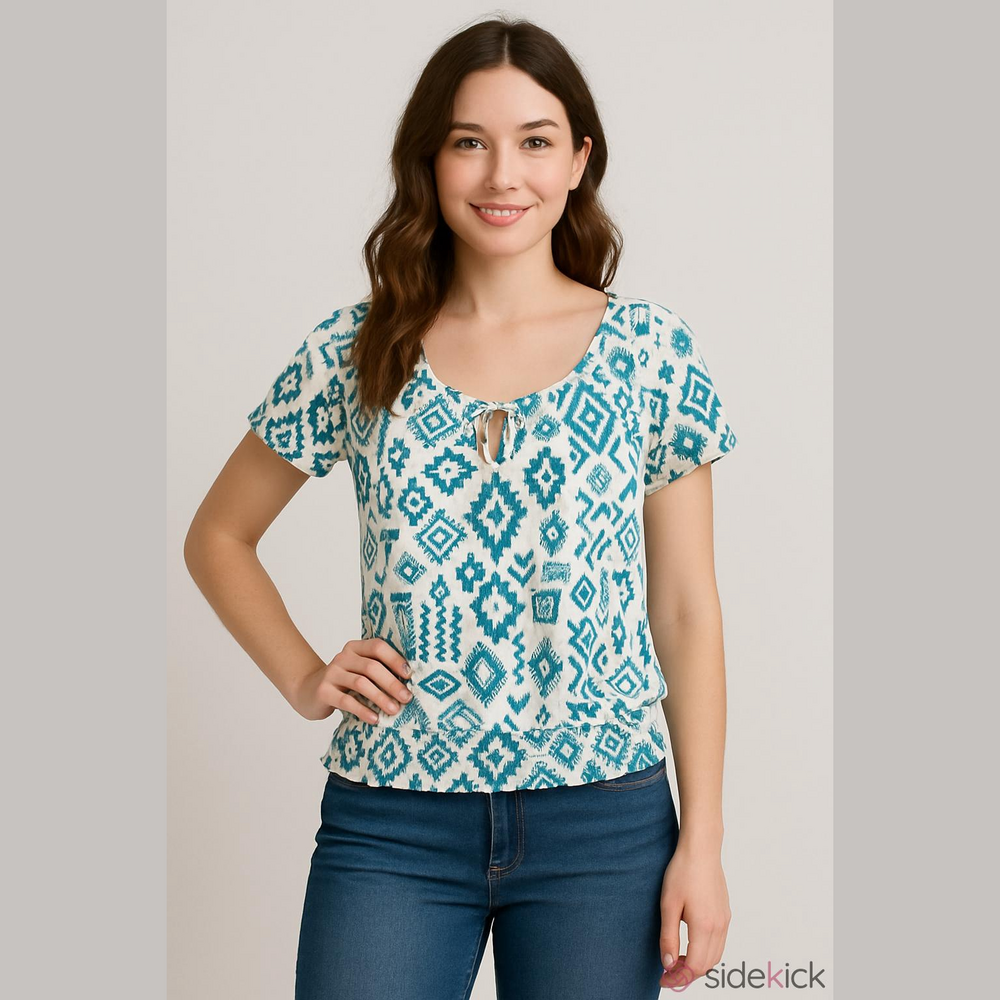 French Laundry Large Turquoise & White Boho Blouse